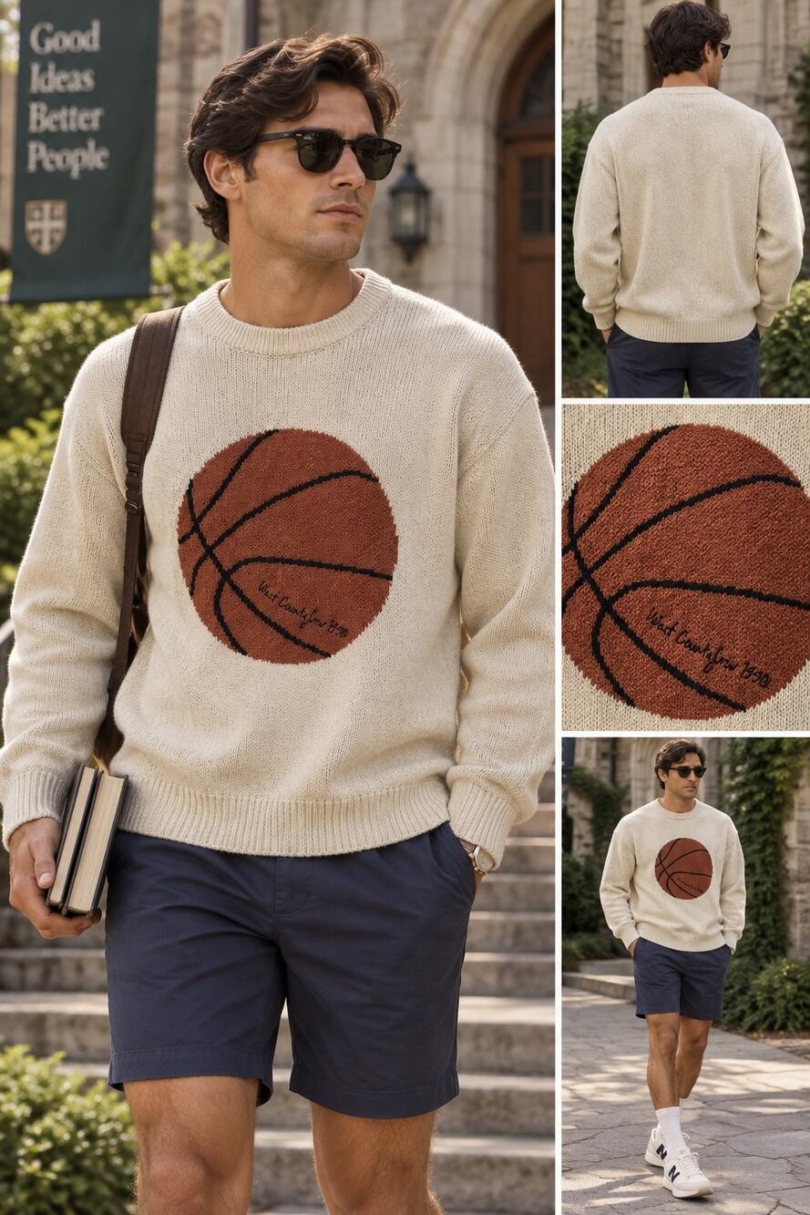 Zara Basketball Graphic Knit Sweater Men’s L Cream Crewneck Streetwear Pullover
